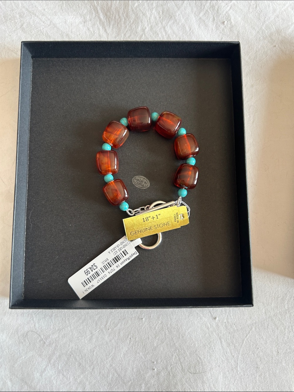 Genuine Stone Amber and Turquoise Bead Bracelet
